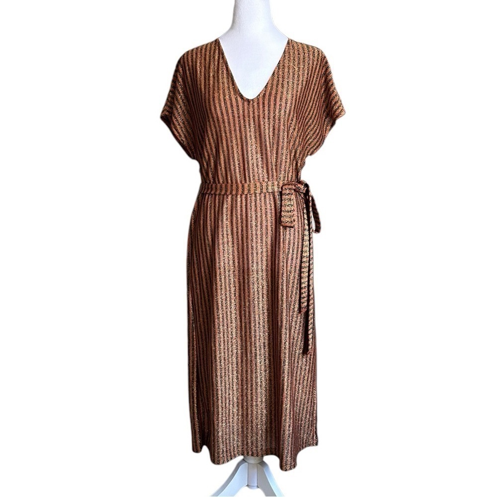 Zara Trafaluc Sparkly Metallic V-neck Striped Dress Size M